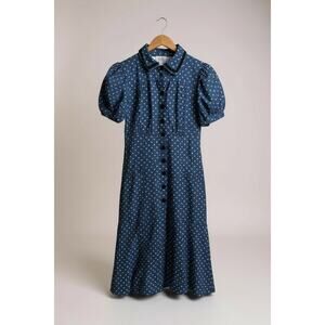 New! Unique Vintage 1940s Polka Dot Button Up Dress with Velvet Trim Sz S #105